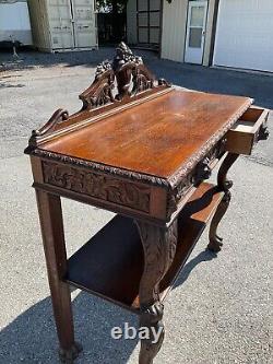 Horner Antique Tiger Oak Server Console Pier Table Paw FtCarved Lion Heads 1890