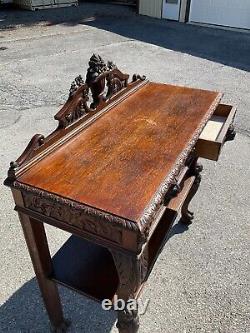 Horner Antique Tiger Oak Server Console Pier Table Paw FtCarved Lion Heads 1890