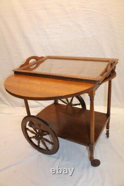 I Arts & Crafts Tiger Oak Serving Drop Leaf Table, Tea Cart with Tray