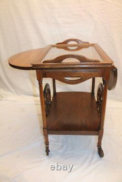 I Arts & Crafts Tiger Oak Serving Drop Leaf Table, Tea Cart with Tray