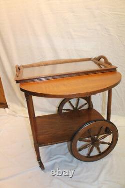 I Arts & Crafts Tiger Oak Serving Drop Leaf Table, Tea Cart with Tray