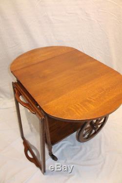 Incredible Arts & Crafts Tiger Oak Serving Drop Leaf Table, Tea Cart with Tray