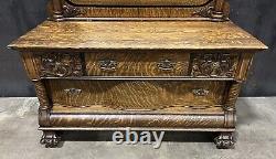 Karges Furniture Tiger Oak Bed & Dresser + Mirror Elaborate Carved Detail 1890
