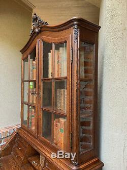 LARGE Antique French Carved Tiger Oak Desk Secretary Bureau Bookcase Art Nouveau