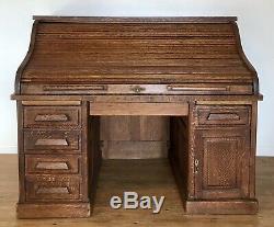 Large Antique 19th Century Tiger Oak Roll Top Desk by Gunn Furniture Co. C1890
