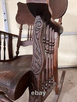 Late 1800's Antique Rocking Chair Carved Tiger Oak