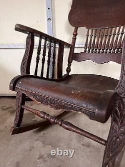 Late 1800's Antique Rocking Chair Carved Tiger Oak