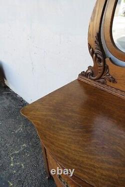 Late 1800s Serpentine Carved Tiger Oak Low Dresser with Mirror 5052