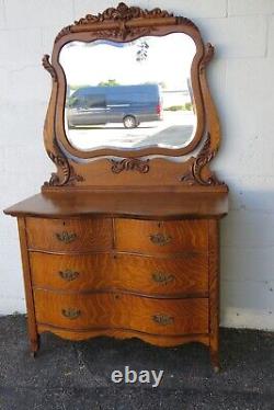 Late 1800s Serpentine Carved Tiger Oak Low Dresser with Mirror 5052