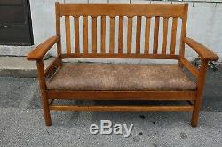 Long Arts & Crafts Tiger Oak Mission Bench, New Upholstery