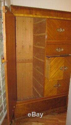 Lovely Art Deco Armoire Wardrobe with Mirror, Coat Rod, Tiger Oak Accent, Paws
