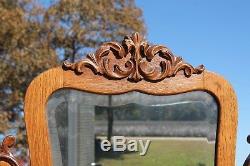 Lrg. Victorian Tiger Oak Serpentine Front Mirror Chest Drop Center Dresser c1900