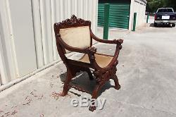 Magnificent Horner Victorian Tiger Oak Throne Chair w Roaring Winged Griffins