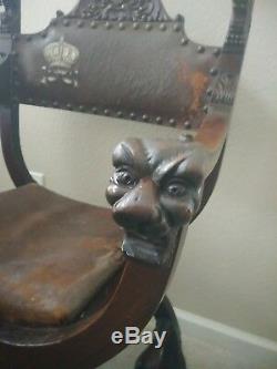 Magnificent RJ Horner Victorian Tiger Oak Throne Chair Griffins lion head
