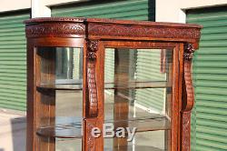 Magnificent Victorian Tiger Oak Bow Front China Display Cabinet w Roaring Lions