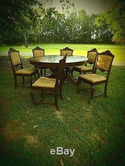 Massive 60 Antique Tiger Oak Dining Table And Six Chairs- Attr. R. J. Horner