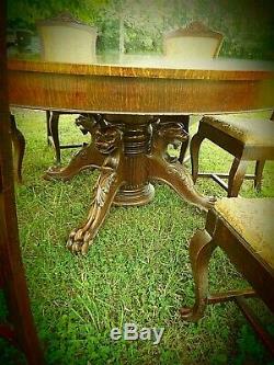 Massive 60 Antique Tiger Oak Dining Table And Six Chairs- Attr. R. J. Horner