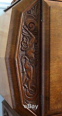 Mid Century Antique English Art Deco Quartersawn Tiger Oak Sideboard Buffet