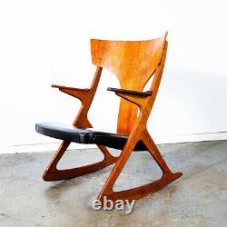 Mid Century Danish Modern Rocking Chair Teak Tiger Oak Rocker Grey Black Leather