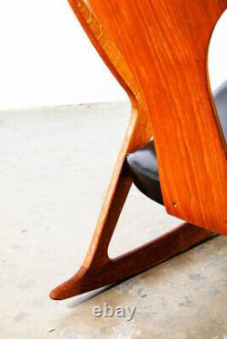 Mid Century Danish Modern Rocking Chair Teak Tiger Oak Rocker Grey Black Leather