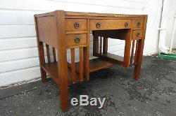 Mission Arts and Crafts Early 1900s Tiger Oak Writing Desk with Bookcase 9859
