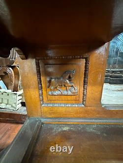Monumental tiger oak victorian sideboard carved birds horses 1880 eastlake