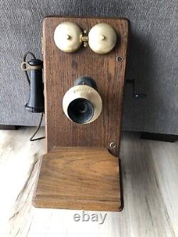NICE EARLY ANTIQUE 1900's KELLOGG TIGER OAK WALL MOUNT CRANK TELEPHONE