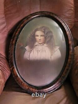 Nice ANTIQUE TIGER OAK DOMED CONVEX BUBBLE GLASS WOOD FRAME Photo Child 17X23