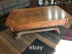 Old Solid Oak Pedestal Coffee Table, 1920s, Tiger Claw Feet, Good Condition