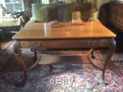Orig. American LIBRARY DESK table, Tiger oak, solid, deep drawer with brass pulls