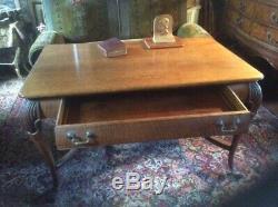 Orig. American LIBRARY DESK table, Tiger oak, solid, deep drawer with brass pulls
