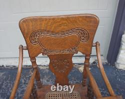 Ornate Antique Tiger Oak Child's High Chair & Stroller Carriage with Cane Seat