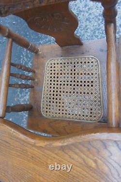 Ornate Antique Tiger Oak Child's High Chair & Stroller Carriage with Cane Seat