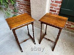 PAIR Antique English Sofa Side Table Barley Twist Square Tiger Oak PETITE Set 2