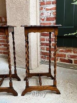 PAIR Antique English Sofa Side Table Barley Twist Square Tiger Oak PETITE Set 2