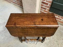PETITE Antique English Tiger Oak BARLEY TWIST Drop Leaf Side Sofa TABLE Octagon