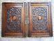 Pair Carved Gothic Crest Tiger Oak Cabinet Cupboard Doors Victorian Panels Brass