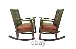 Pair Of Antique Arts & Crafts Tiger Oak Rocking Chairs With Orange Leather Seats