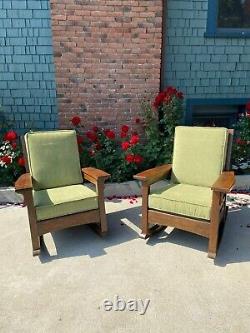 Pair Of Arts And Crafts Mission Tiger Oak Rocker Rocking Chairs