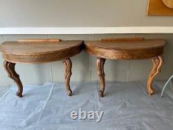 Pair of Antique Solid Tiger Oak End Tables / Bedside Tables with Wall Bracket