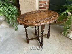 Petite Antique English Carved Tiger Oak Folding Tea Coffee Table Barley Twist
