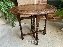 Petite Antique English Carved Tiger Oak Folding Tea Coffee Table Barley Twist