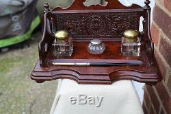 QUALITY QUALITY SOLID TIGER OAK c 1890 CARVED WRITING BOX 3 INK WELLS DIP PEN