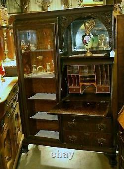 Quartersawn Tiger Oak Dragon Head Bombay Canopy Secretary Desk Bookcase Antique