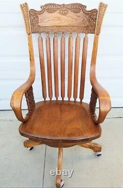 RARE Antique American Tiger Golden Oak lrg Banker Office North Wind arm chair