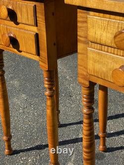 RARE vintage pair of diminutive tiger maple night stands two drawers lamp tables