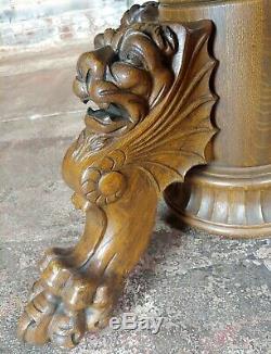 R. J. Horner Antique Tiger Oak Pedestal Table with4 Dragons feet c1890s