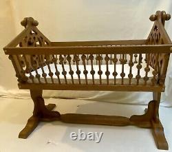 Rare Antique Victorian Swingin Rockin Baby Cradle Bassinet Hand carved Tiger Oak