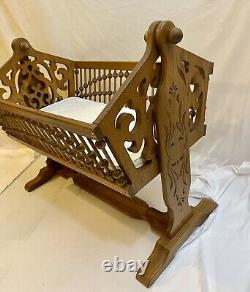 Rare Antique Victorian Swingin Rockin Baby Cradle Bassinet Hand carved Tiger Oak