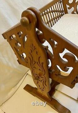 Rare Antique Victorian Swingin Rockin Baby Cradle Bassinet Hand carved Tiger Oak